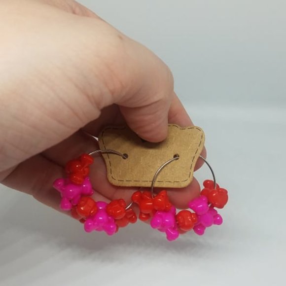 Handmade Jewelry - Y2K Red and Pink Gummy Bear Beaded Hoop Earrings